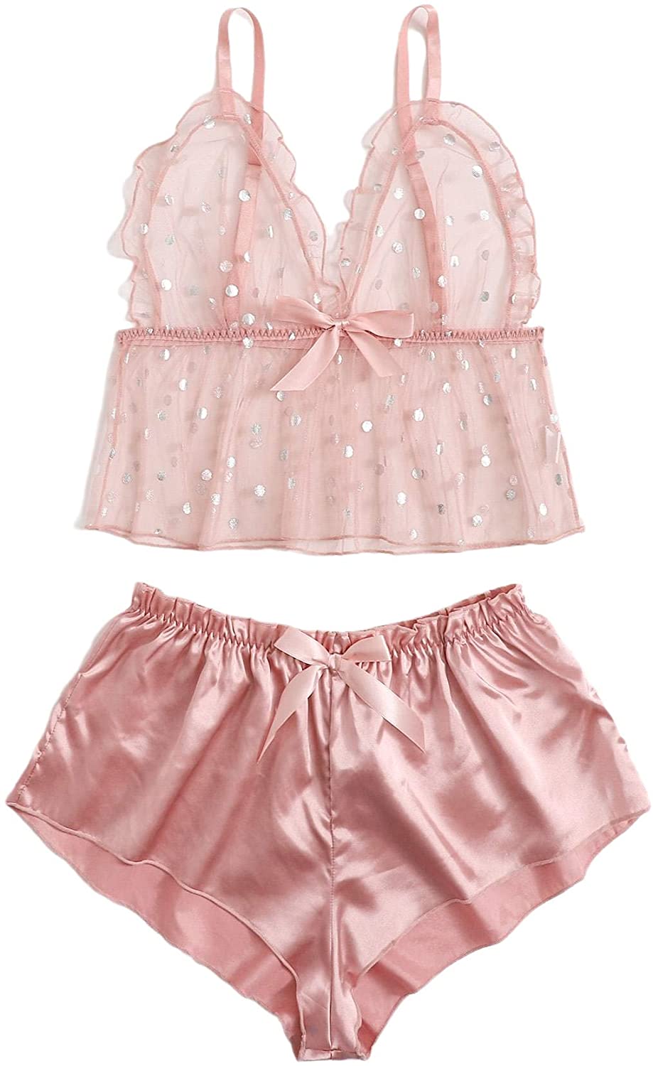 Price:$16.99 Women's Sexy Lingerie Set Polka Dot Mesh Bralette & Satin Short 2 Piece Pajama Set at Amazon Women’s Clothing store