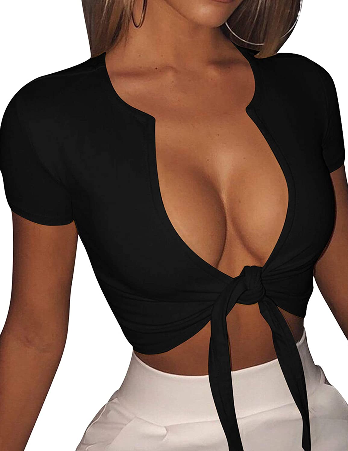 Price:$12.99 Women's Sexy Tie Up Crop Top Short Sleeve Deep V Neck Casual Basic T Shirt at Amazon Women’s Clothing store