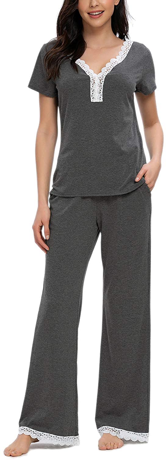 Price:$16.99 Women's Pajamas Set Short Sleeve Sleepwear Soft Pjs Set Lounge Nightgowns with Lace Trim at Amazon Women’s Clothing store