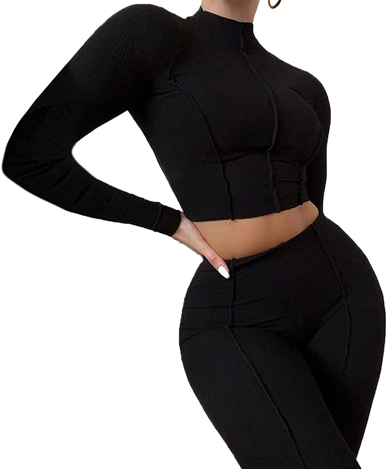 Price:$39.99 Sexy 2 Pieces Workout Outfit Off Shoulder Long Sleeve Crop Top Stacked Pants Set Tracksuit Sportswear : Clothing, Shoes & Jewelry