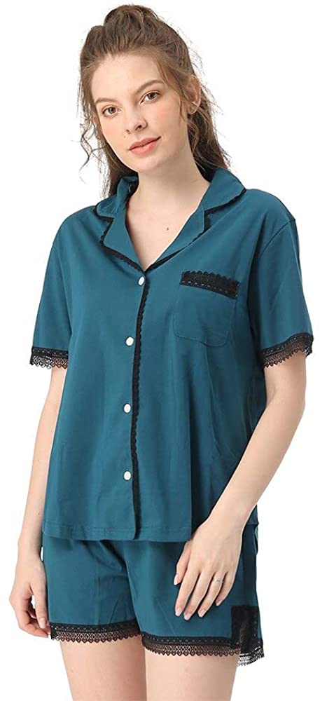 Price:$20.99 Set Pocket Front Lapel Top Button-Down PJ Elastic Waist Shorts Womens Clothing at Amazon Women’s Clothing store