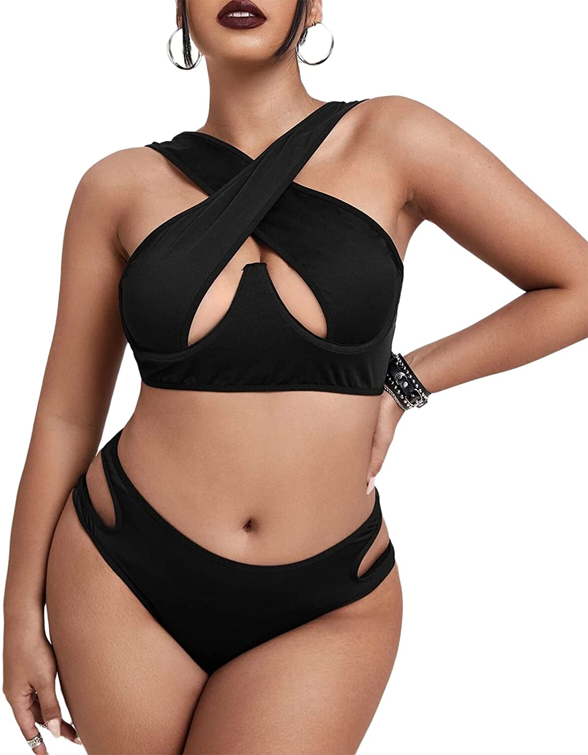 Price:$15.99 Size Cut Out Criss Cross Wrap Crop Top and Panty Set for Women Halter Neck Cami Tank Solid Sleeveless 2 Piece at Amazon Women’s Clothing store