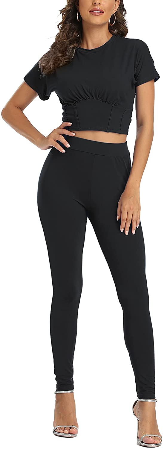 Price:$14.99 Color 2 Piece Outfits for Women,Tummy Control Short Sleeve Crop Top and High Waist Jogger Pants Workout Set Tracksuit at Amazon Women’s Clothing store