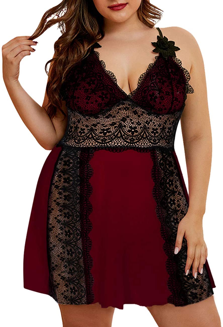 Price:$17.99 Women Plus Size Lace Mesh Babydoll Lingerie Sleepwear Chemise Nightgown at Amazon Women’s Clothing store