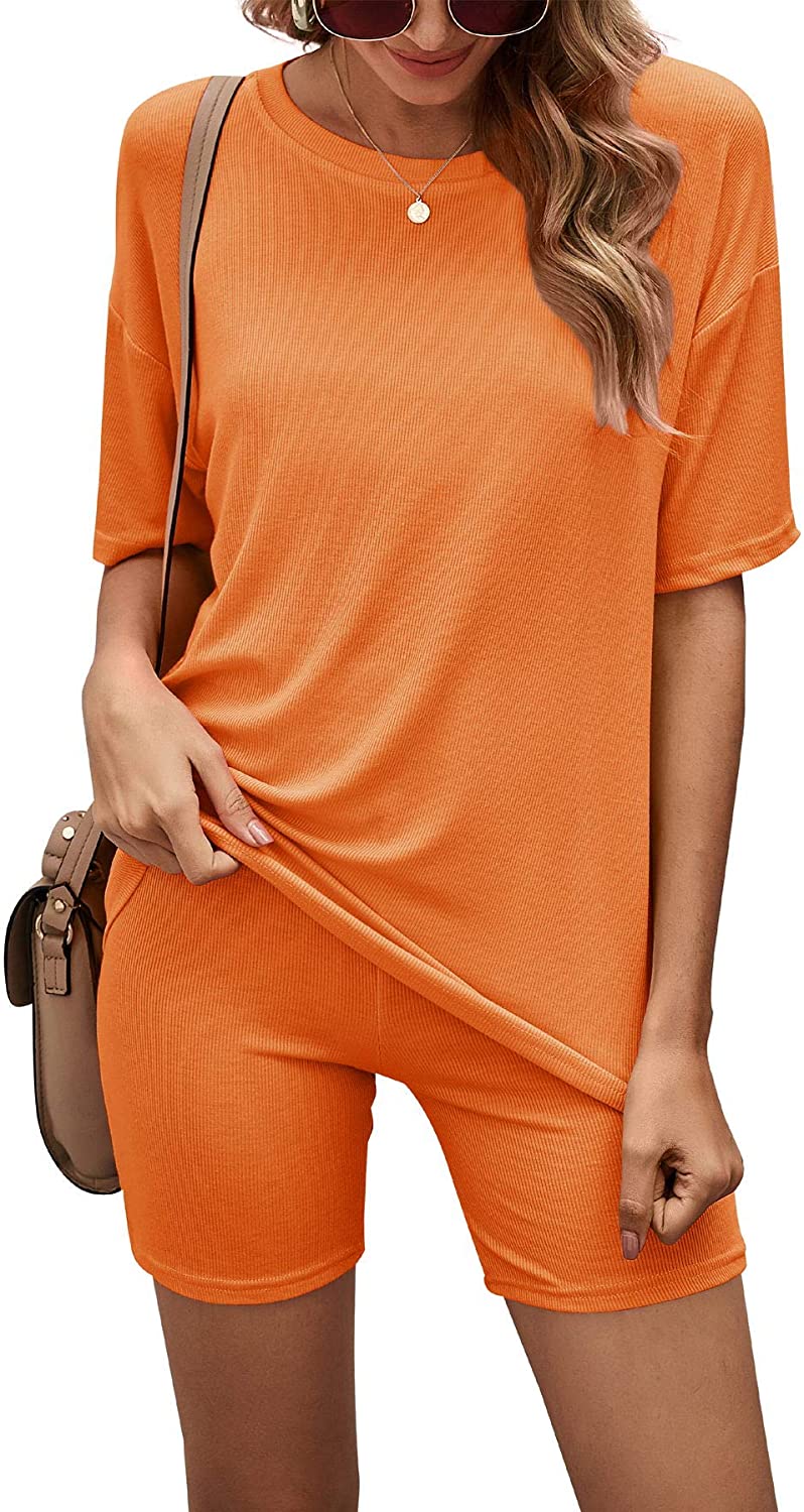 Price:$17.49 Women's 2 Piece Outfits Short Sleeve Loungewear Casual Pajamas Short Sets Tracksuit Jogging Biker Set at Amazon Women’s Clothing store