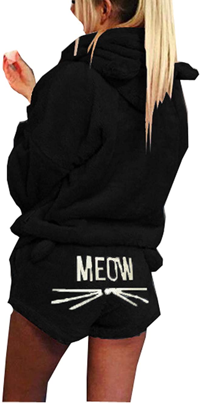 Price:$19.80 Long Sleeve Fleece Cute Meow Embroidered Pajamas Warm Hoodie Top Shorts Sleepwear at Amazon Women’s Clothing store