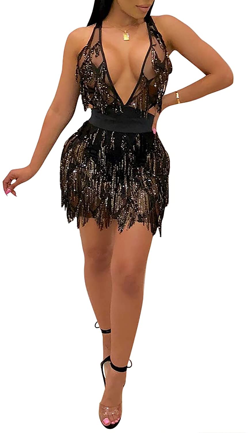 Price:$22.98 Women's Sexy Halter Backless See Through Sequins Floral Club Bodycon Mini Dress … : Clothing, Shoes & Jewelry