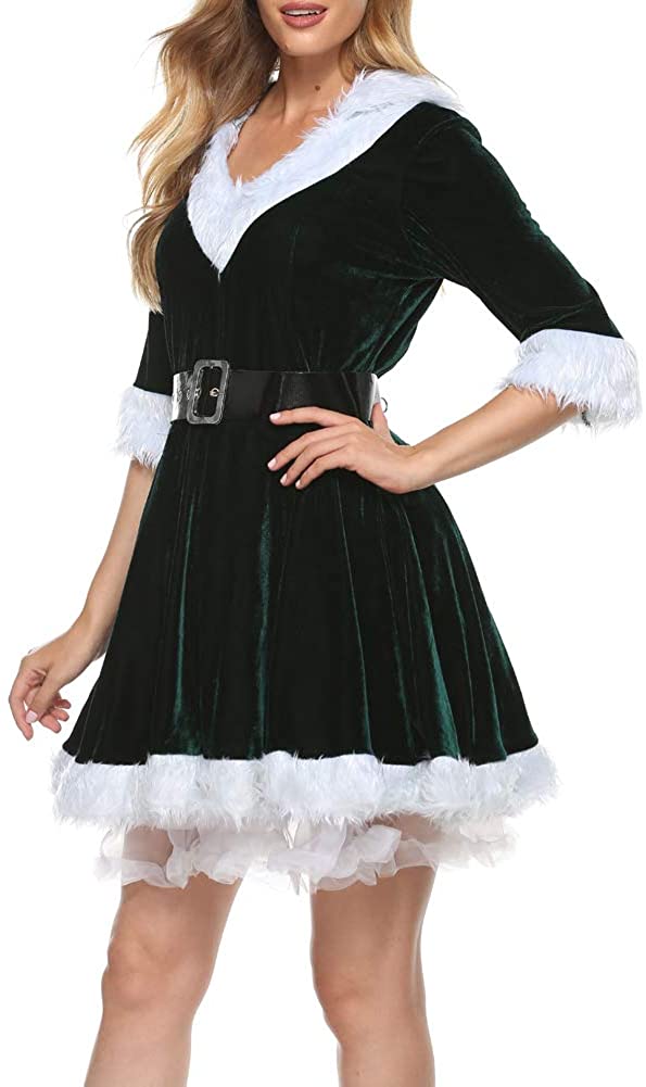 Price:$20.99 Women Sexy Nightwear Long Sleeve V-Neck Plush Velet Mrs. Claus Costume Christmas Dress with Waist Belt (Green, M): Clothing, Shoes & Jewelry