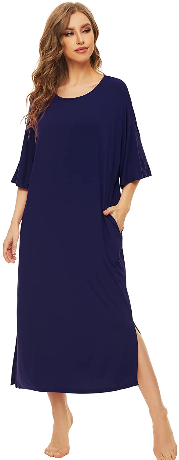 Price:$23.99 Womens Bamboo Nightgown Round Neck Long Sleep Dress Oversized Loungewear Loose Pajama with Pockets S-XXL at Amazon Women’s Clothing store