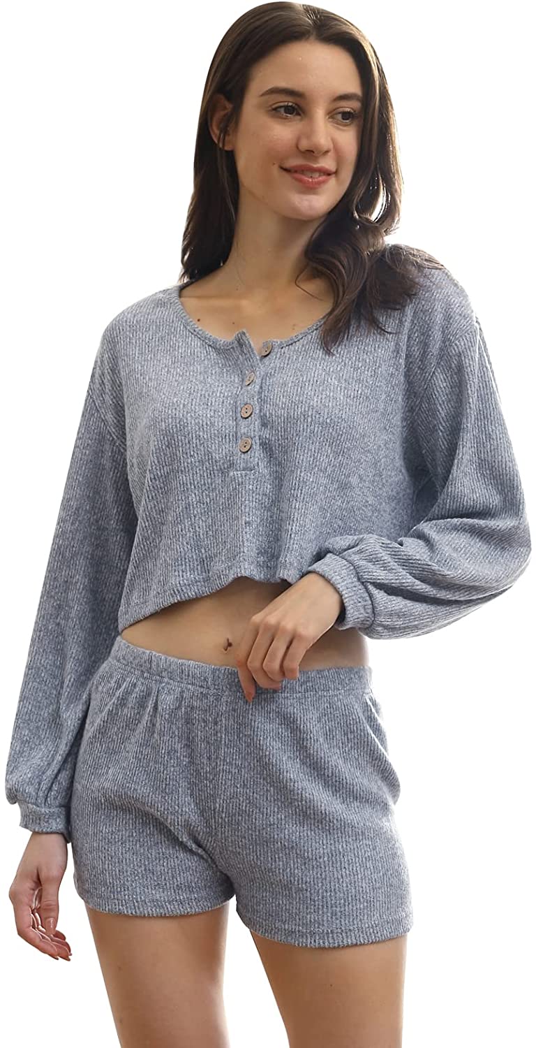 Price:$27.99 Crop Top Outfit Sets for Women Long Sleeve Short Pajama Set Button Pollover Lounge Wear S-XXL at Amazon Women’s Clothing store