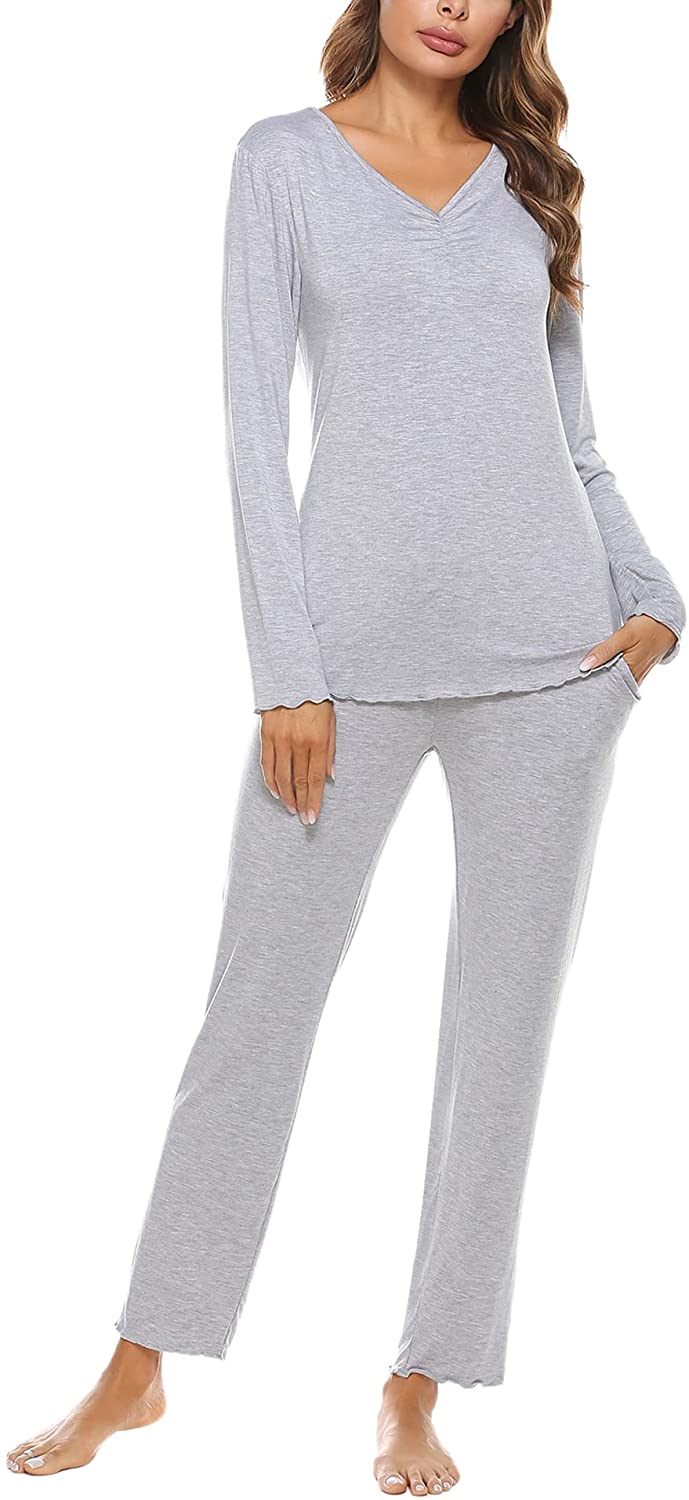 Price:$24.99 Pajamas for Women Long Sleeve Sets Cotton Pjs Set Ladies Loungewear Winter Sleepwear Soft Lounge Set with Pockets at Amazon Women’s Clothing store