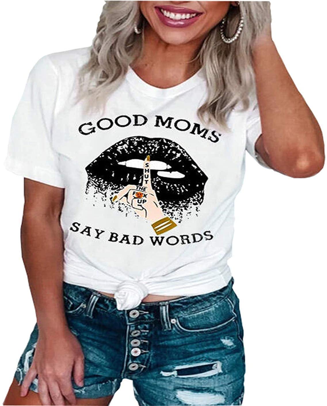 Price:$6.99 Good Moms Say Bad Words T-Shirts Funny Mama Sexy Bite Lip Graphic Tees Short Sleeve Casual Mom Shirts Top at Amazon Women’s Clothing store
