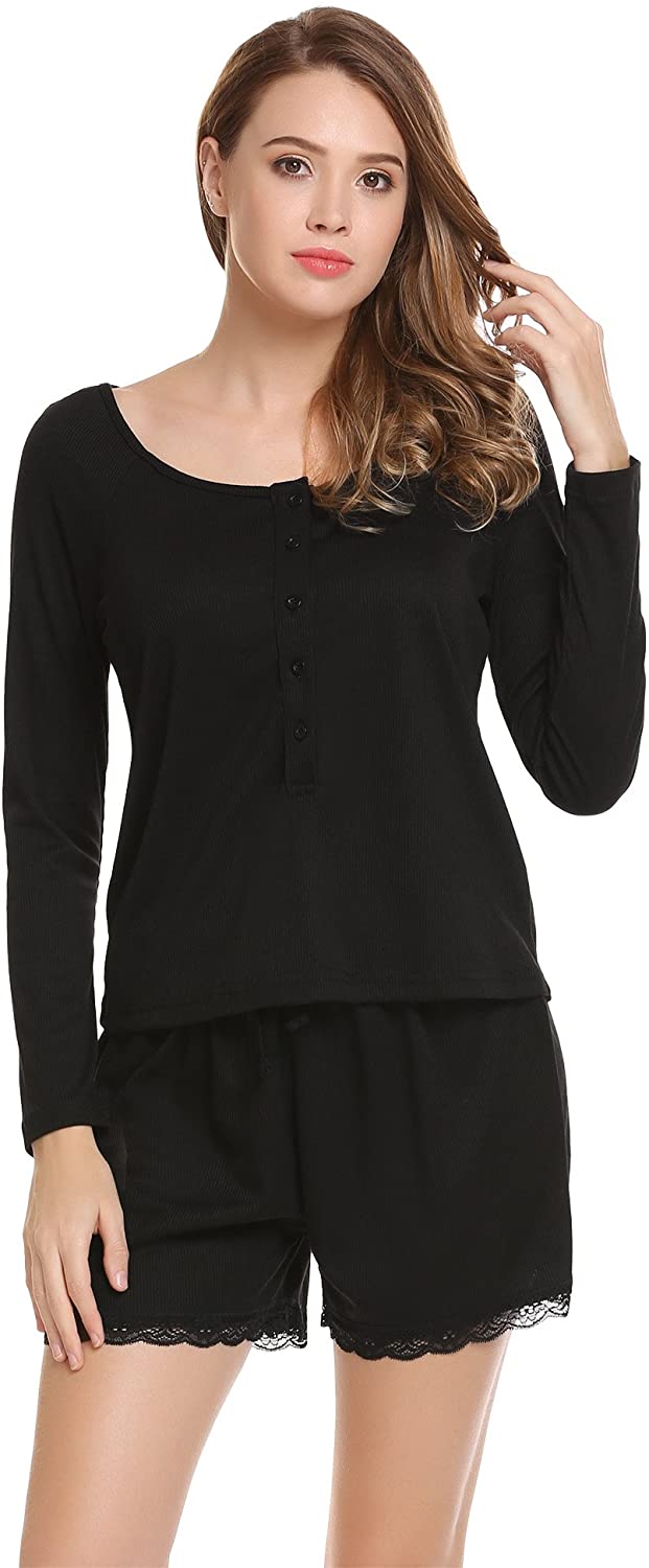 Price:$23.49 Two-Piece Long Sleeve & Short Pajama Sleepwear Set PJS Set Sleep Sets Scoop Neck Lace Nightwear Set Black at Amazon Women’s Clothing store