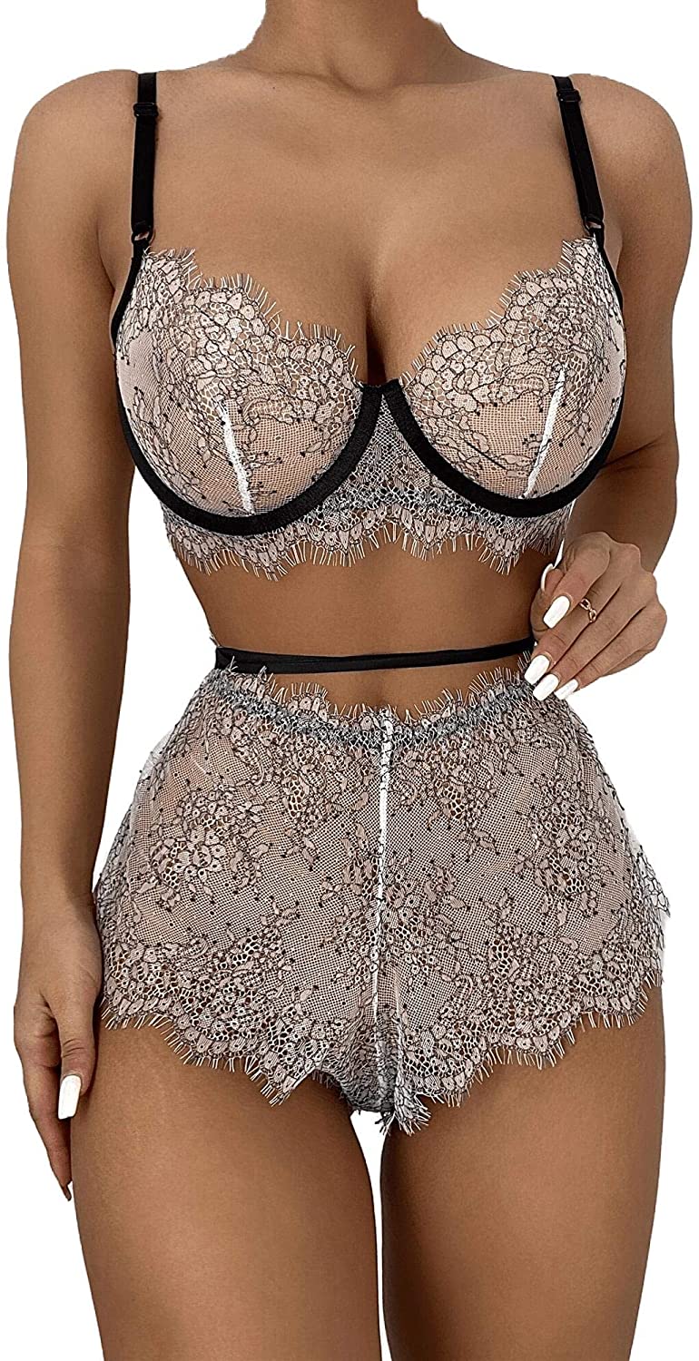Price:$10.99 GEE See Though Lingerie Set for Women 2 Piece Underwire Sexy Eyelash Lace Bra Garter Thong Panty Sets S-XL: Clothing, Shoes & Jewelry
