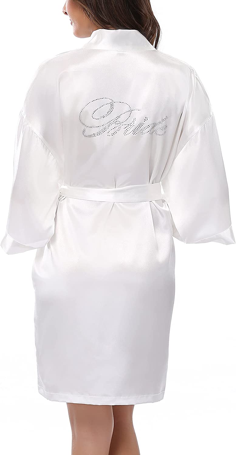 Price:$5.99 Outlet Women's Bridal Silk Satin Robe Inlaid with Silver Rhinestone Women's Short Wedding Party Dressing Gown at Amazon Women’s Clothing store
