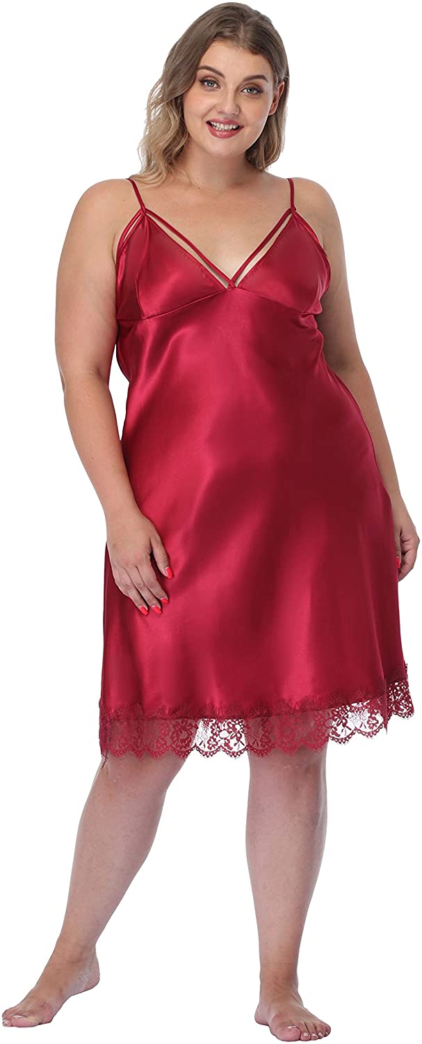 Price:$6.99 Plus Size Lingerie Lace Trim Sexy Nightgown Spaghetti Strap Short Full Slips Chemise Sleepwear at Amazon Women’s Clothing store