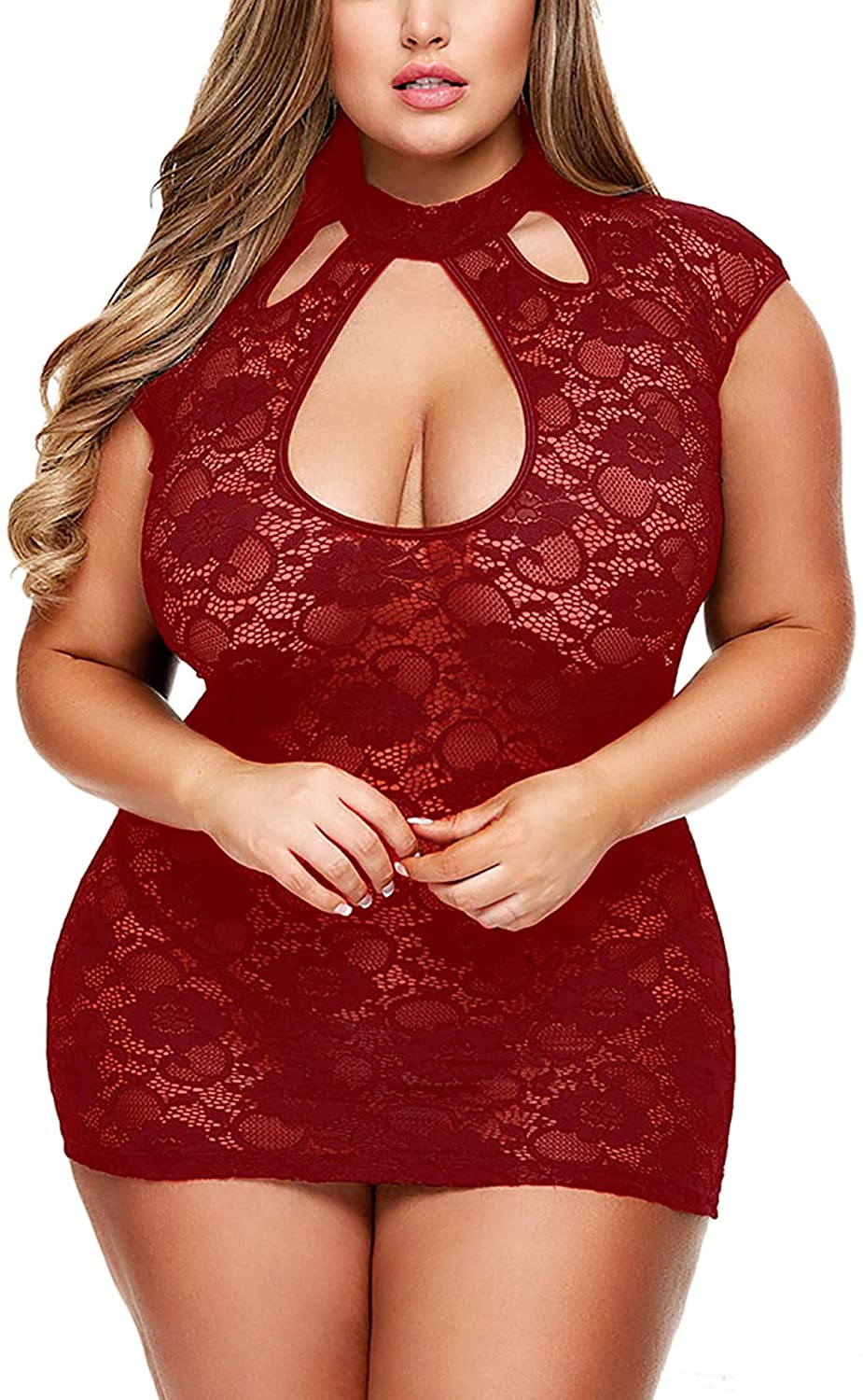 Price:$11.99 Size Womens Lingerie Bust Keyhole Babydoll Lace Chemise Mesh Sleepwear(T006D,Merlot,XL) at Amazon Women’s Clothing store
