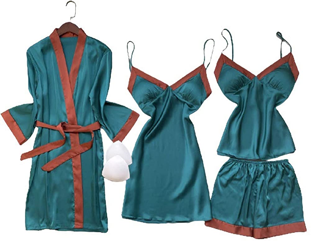 Price:$20.99 Women's Silk Satin Pajamas Sets Sexy 4Pcs Sleepwear Nightwear at Amazon Women’s Clothing store