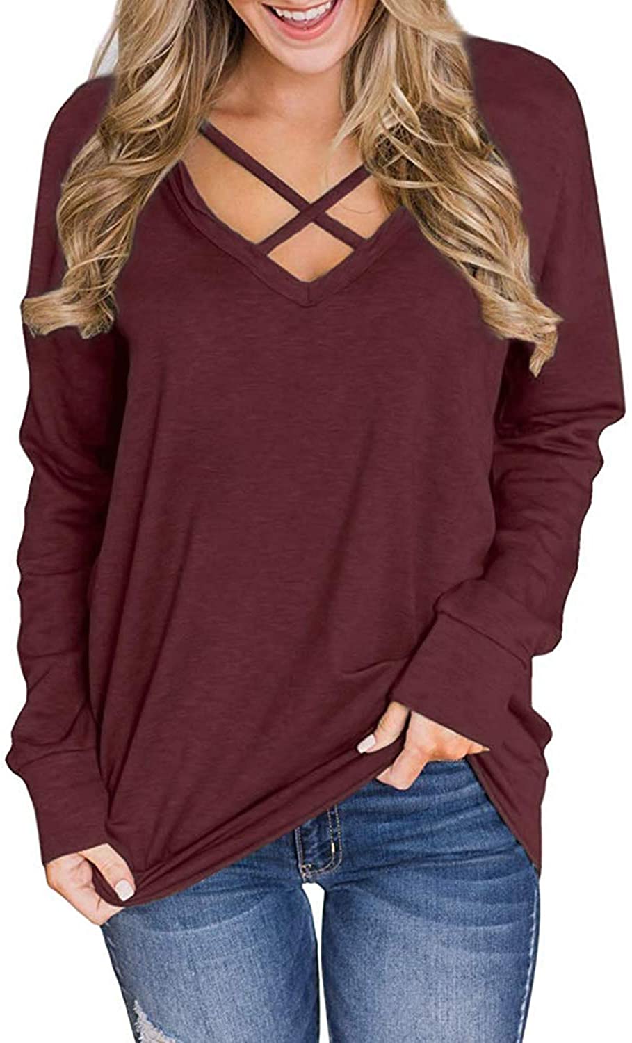 Price:$13.59 Women's V Neck Sweatshirt Criss Cross Long Sleeve T Shirt Casual Tops S-3XL at Amazon Women’s Clothing store