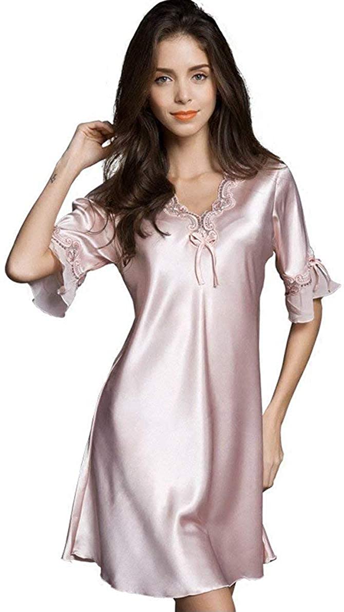Price:$16.99 Women Sleepwear Sexy Lingerie V-Neck Soft Nightgown Short Skirt Silk Lace Pajama Dress at Amazon Women’s Clothing store