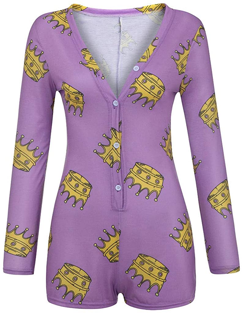 Price:$13.80 Onesie Sexy Deep V neck Pajamas Button Printed Bodysuit Bodycon Jumpsuit Long Sleeve Leotard Underwear (Purple : Clothing, Shoes & Jewelry
