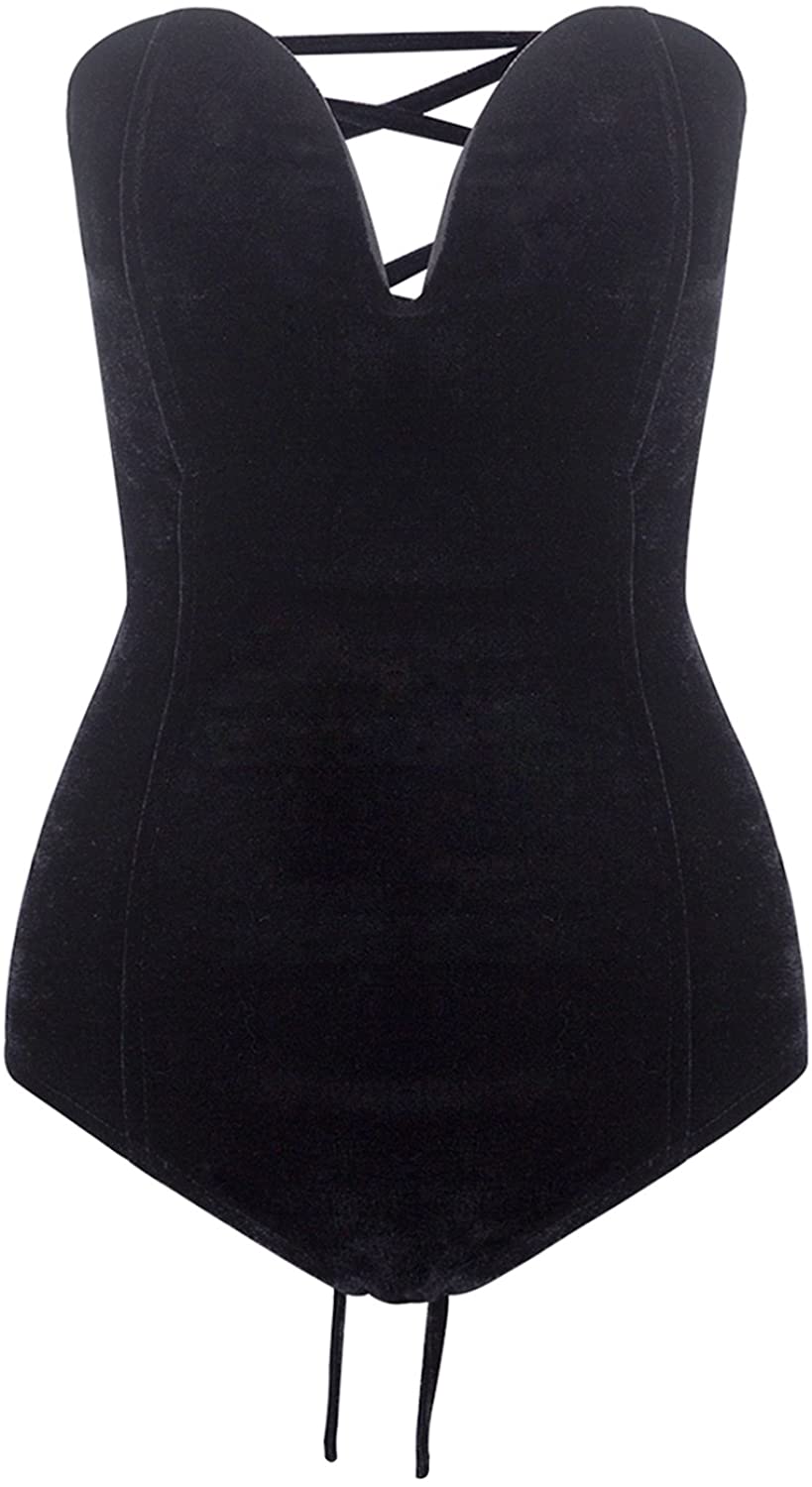 Price:$18.99 Women's Burgundy/Black Sexy Plunge Neck Strapless Cross Back Velvet Bodysuit : Clothing, Shoes & Jewelry