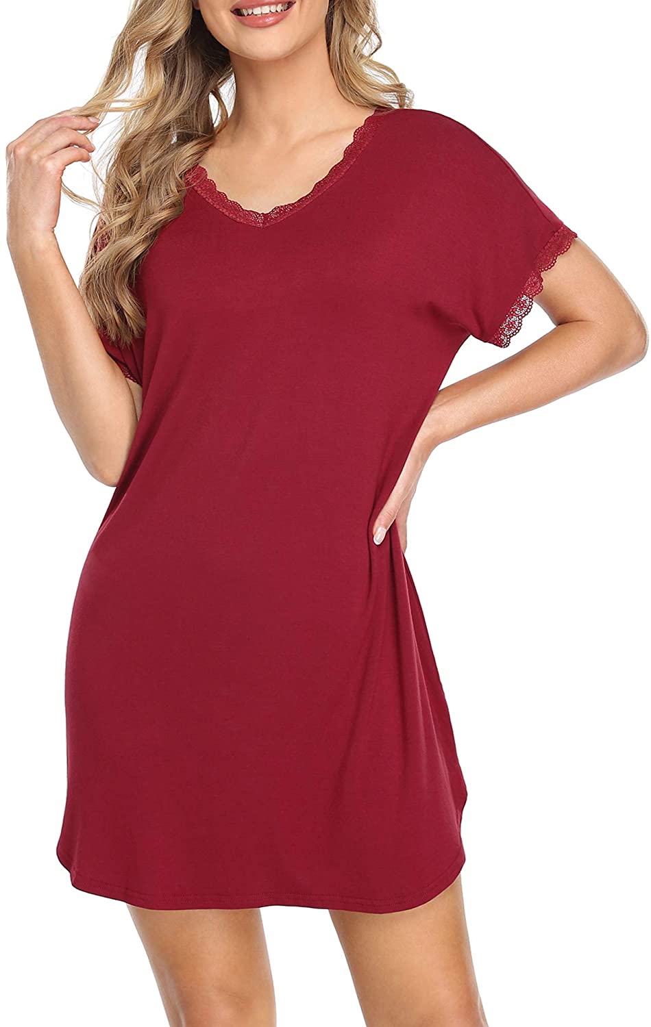 Price:$17.99 Nightgowns for Womens Sexy Sleep Shirt Dress V Neck Batwing Short Sleeve Lace Trim Soft Short Night Dresses at Amazon Women’s Clothing store