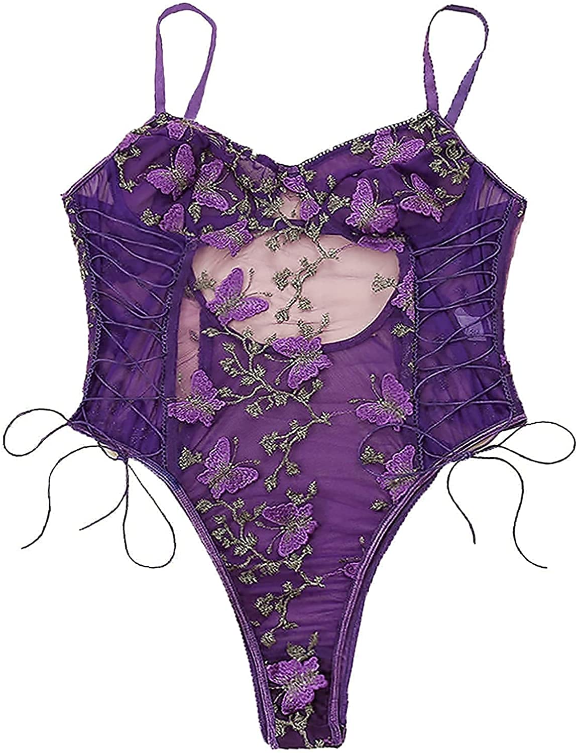 Price:$18.99 Women Sexy Lace Up Floral Embroidered Teddy Lingerie Bodysuit Top Mesh Sheer One Piece: Clothing, Shoes & Jewelry