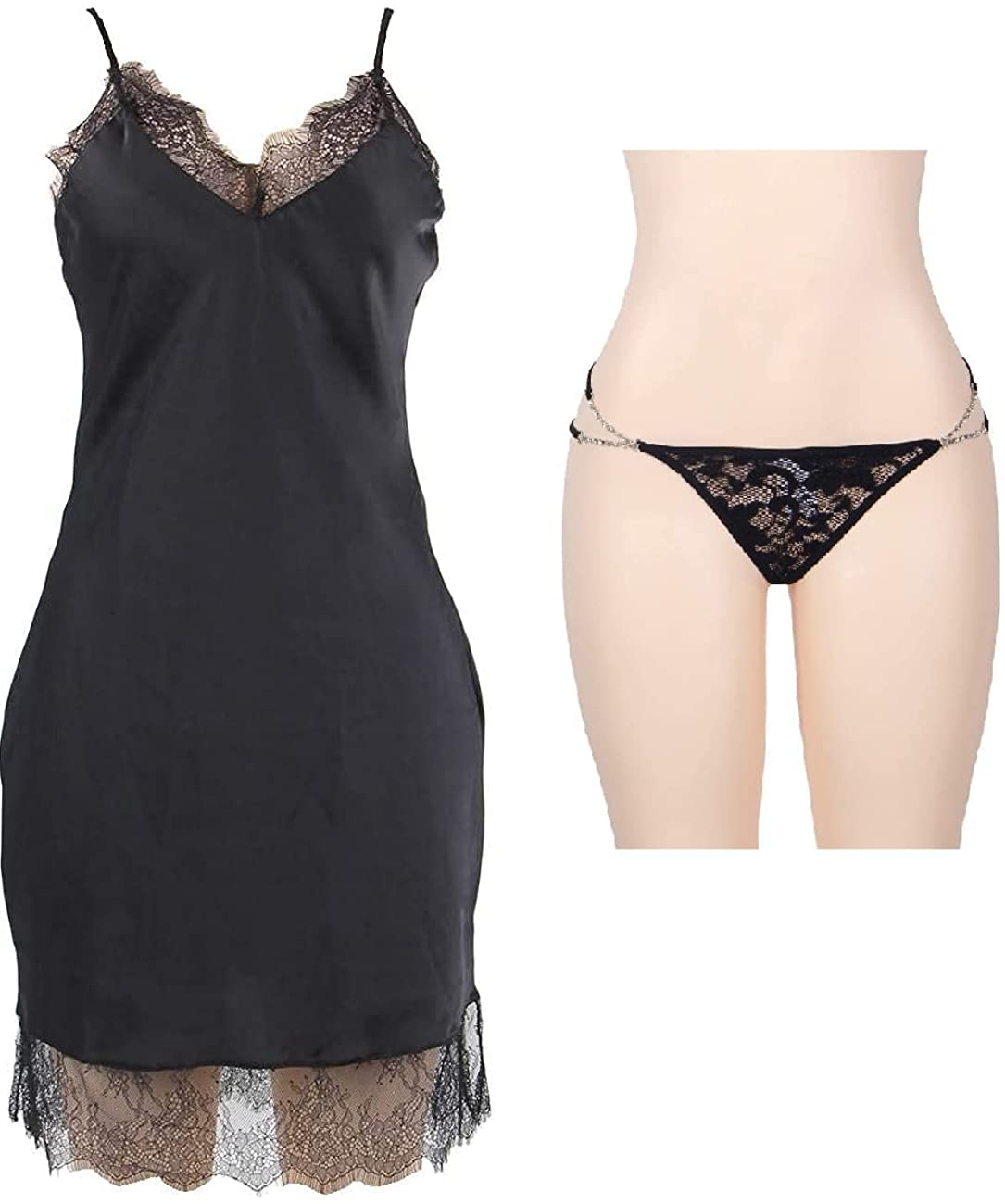 Price:$20.99 Hour Women's Sexy Fashion Silk Satin Lace Women Pajama Lingerie, Plus Size Panty, Black,XXX-Large, Bundle of 2 at Amazon Women’s Clothing store