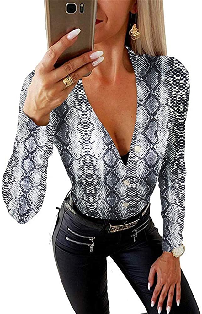 Price:$18.89 Women's Sexy Deep V Neck Leopard Print One Piece Bodysuit Long Sleeve Snake Print Button Down Layer Leotard Tops at Amazon Women’s Clothing store