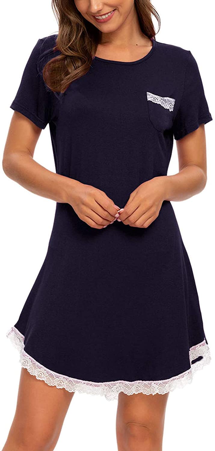 Price:$18.99 Women's Nightgown Night Shirt Short Sleeve Lace Trim Sexy Sleepshirt Sleep Dress Sleepwear Nightshirt at Amazon Women’s Clothing store