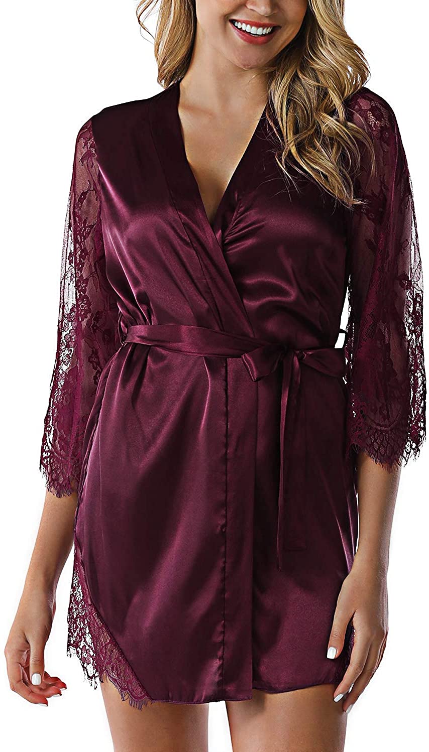 Price:$21.99 Women Satin Robe Satin Lace Trim Sexy Kimono Robes Bathrobe at Amazon Women’s Clothing store
