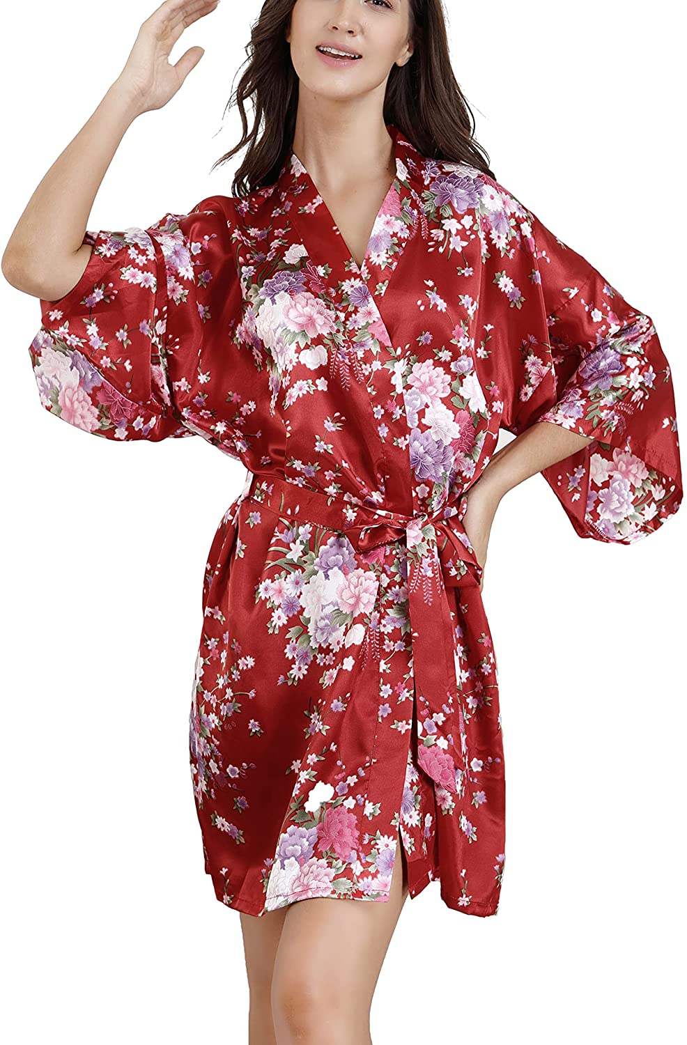 Price:$10.99 Short Floral Silky Satin Robes Wedding Bride Bridesmaid Bridal Party Robes Kimono at Amazon Women’s Clothing store