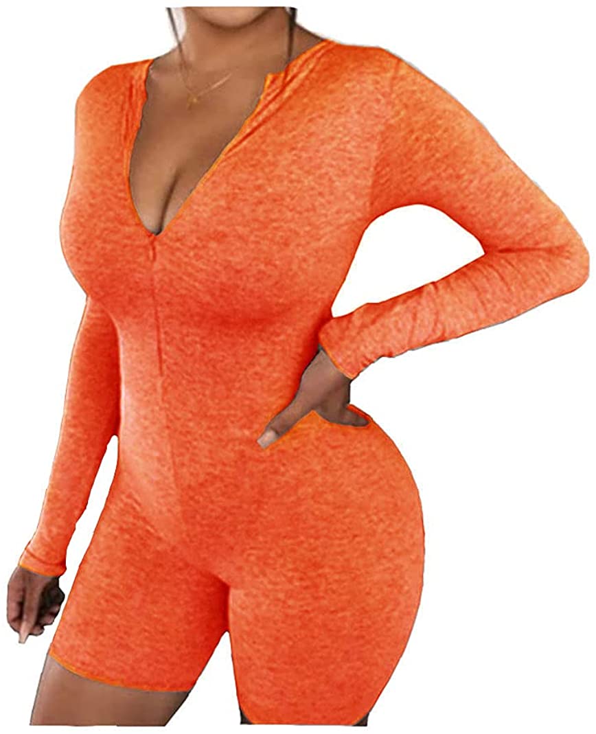 Price:$22.89 Women's Sexy Deep V Neck Long Sleeve Knitted One Piece Bodysuit Bodycon Rompers Jumpsuit Shorts with Zipper : Clothing, Shoes & Jewelry