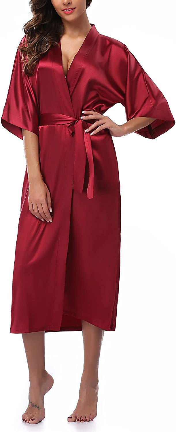 Price:$11.99 Women's Long Satin Robe Sexy Lightweight Bathrobe Pure Color Sleepwear Plus Size at Amazon Women’s Clothing store