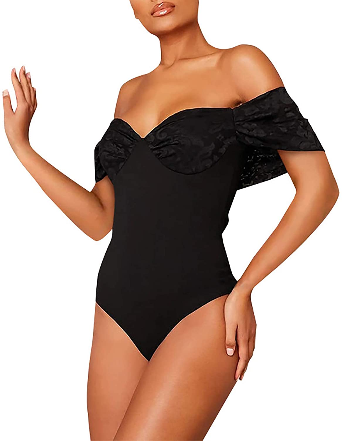 Price:$13.99 Sexy V Neck Shiny Thong Bodysuit Lace Sleeve Tops One Piece Outfits at Amazon Women’s Clothing store