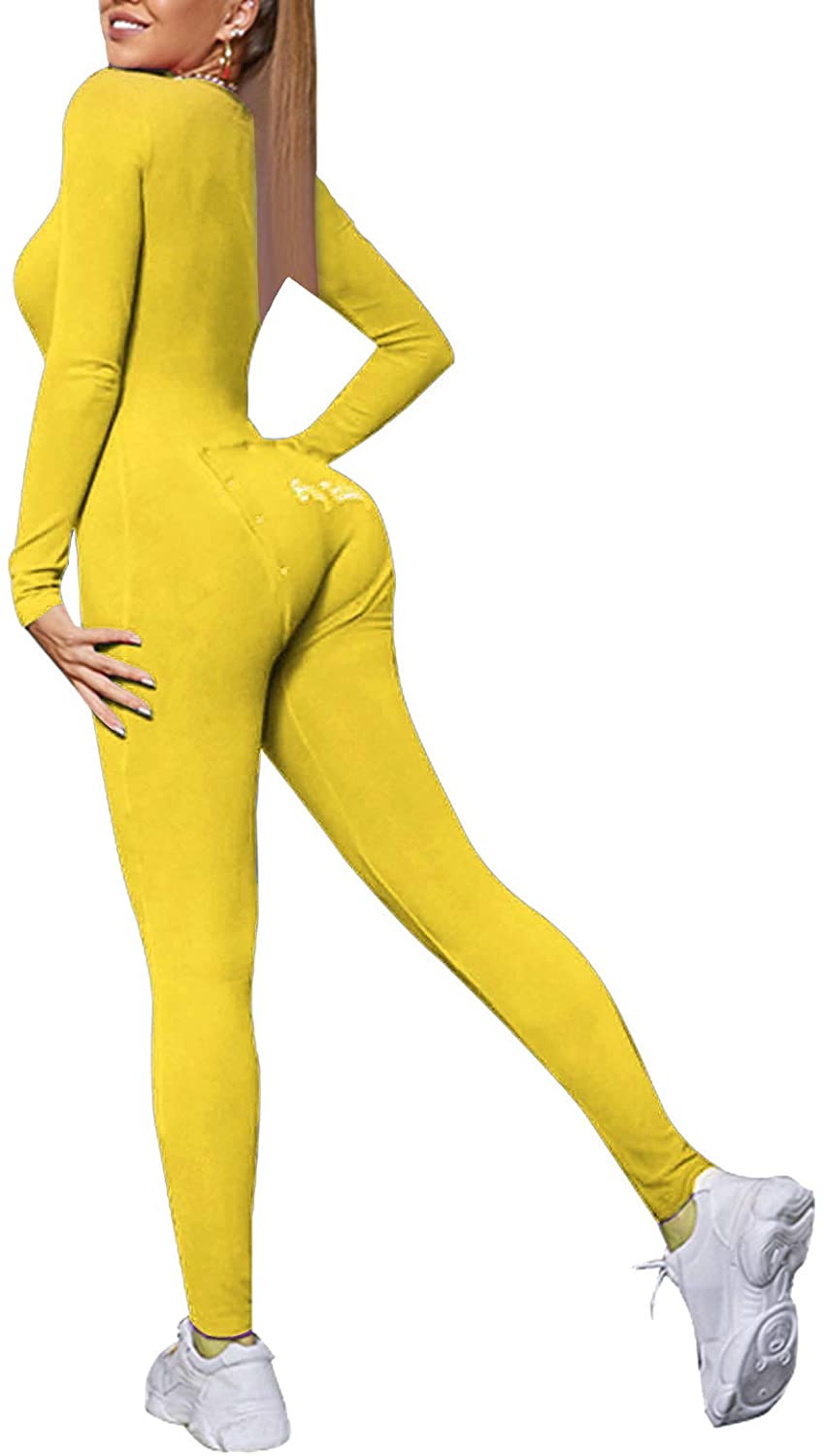 Price:$11.99 Women's Sexy Deep V Neck Butt Button Back Flap Jumpsuit Long Sleeve One Piece Pajamas : Clothing, Shoes & Jewelry
