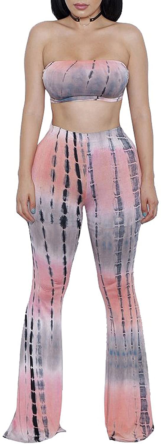 Price:$24.99 Women's Two-Piece Romper Sexy Tie Dye Print Bandeau Top Flared Bell Bottom Pants Jumpsuits Outfits : Clothing, Shoes & Jewelry