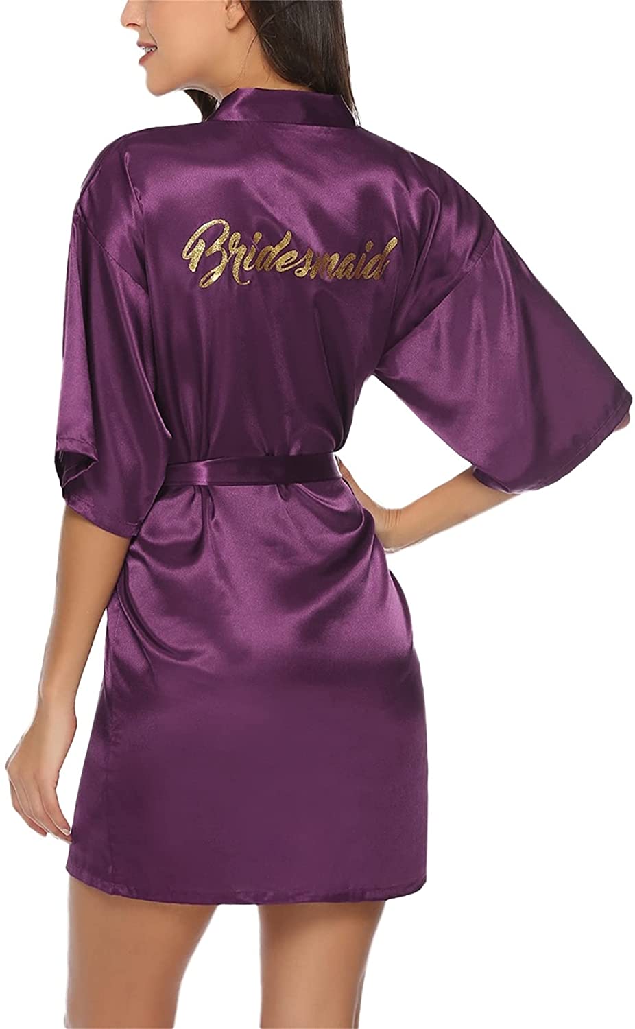 Price:$17.99 Women's Short Silky Satin Kimono Bathrobe Robe for Bridal Bridesmaid Wedding Party Sleepwear Robe with Gold Glitter at Amazon Women’s Clothing store