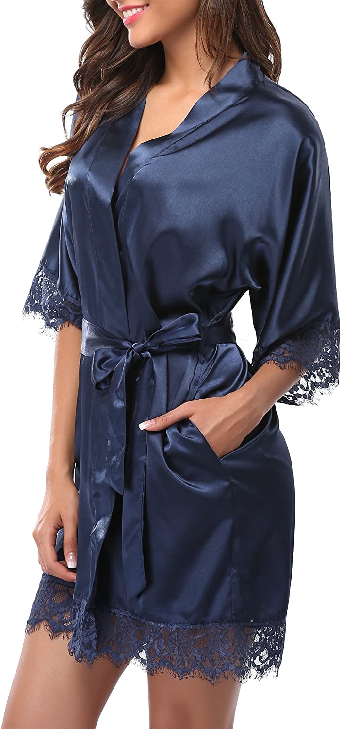 Price:$9.99 Women's Lace Trim Kimono Robe Bride Bridesmaids Wedding Shower Satin Short Robe at Amazon Women’s Clothing store