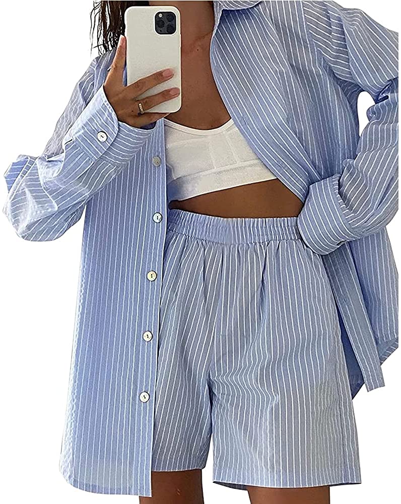 Price:$19.99 Women 2 Piece Outfit Sets Tracksuit Striped Tops Long Sleeve Collar Button Shirt Loose High Waisted Mini Shorts Set at Amazon Women’s Clothing store