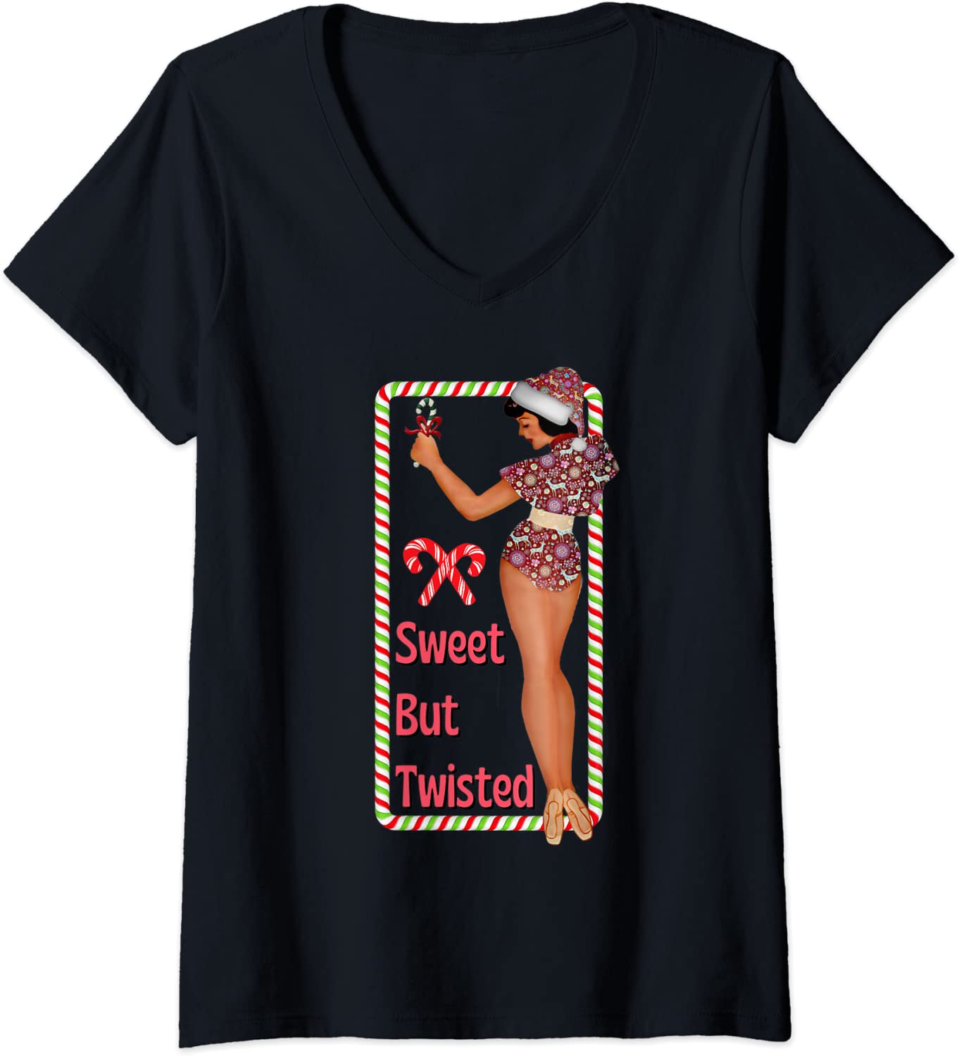 Price:$19.99 Sweet-But-Twisted Candy Cane Naughty Nice Cottagecore Retro V-Neck T-Shirt : Clothing, Shoes & Jewelry
