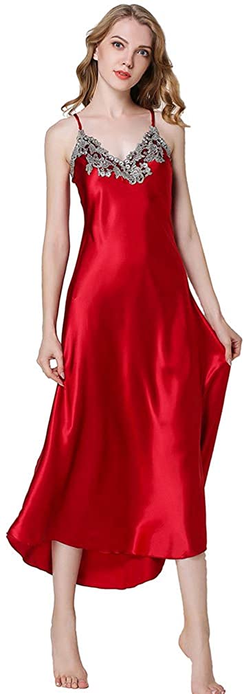 Price:$23.99 Long Sleeveless Satin Nightdress Full Slip Nightgown Sexy Deep-V Neck Pajamas Seamless Sleepwear for Women Red M at Amazon Women’s Clothing store