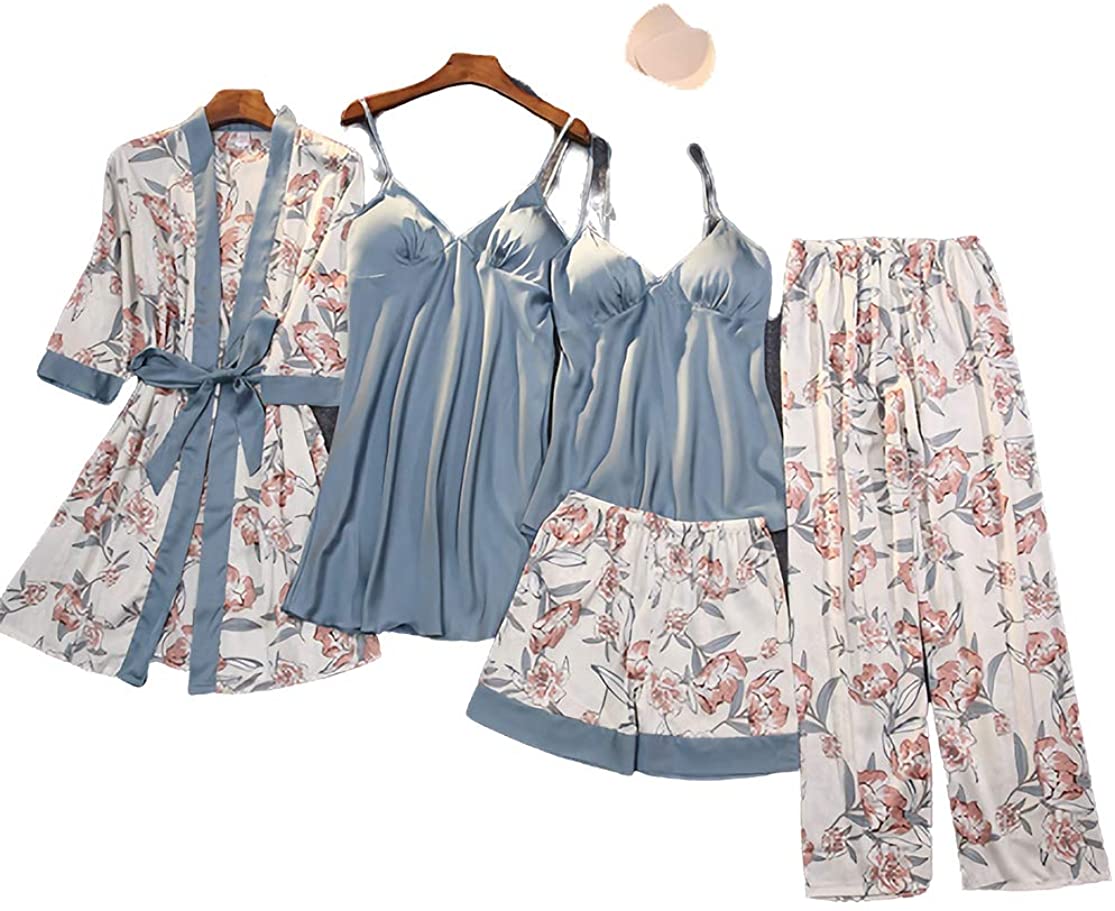 Price:$38.99 Women's 5pcs Silk Satin Pajama Set Flower Print Top Nightgown Sleepwear Robe Sets Sexy Nightdress with Chest Pads Blue: Clothing, Shoes & Jewelry
