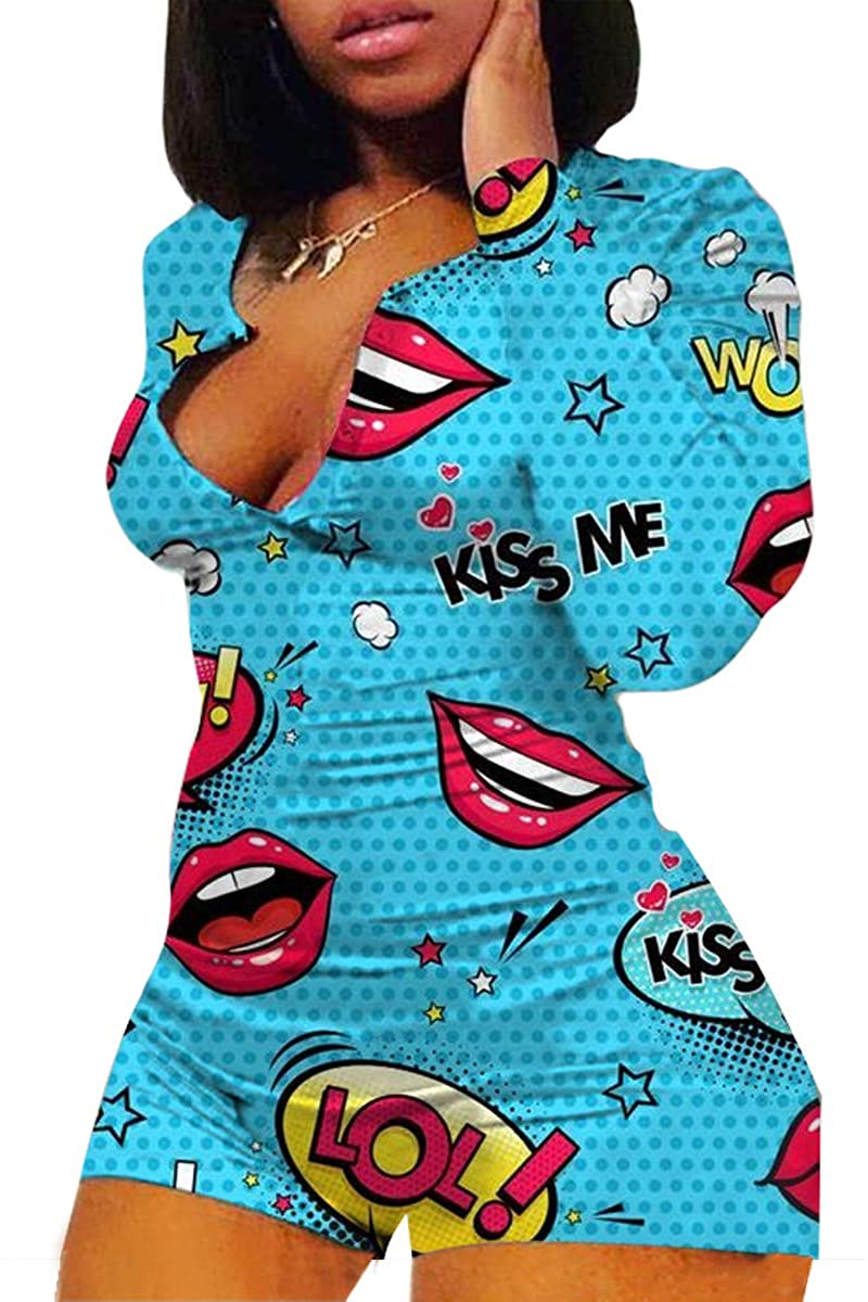 Price:$7.99 Women 's V-Neck Bodysuit Jumpsuits Print Short Onesies Stretch Long Sleeve Pajama Romper : Clothing, Shoes & Jewelry