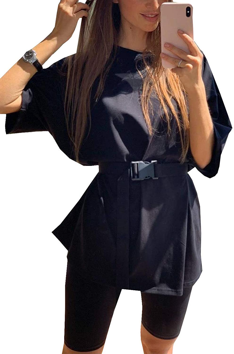 Price:$23.99 2 Piece Outfit Sets Oversized T-Shirt Tops Biker Shorts Casual Workout Sports Tracksuit Set with Belt at Amazon Women’s Clothing store