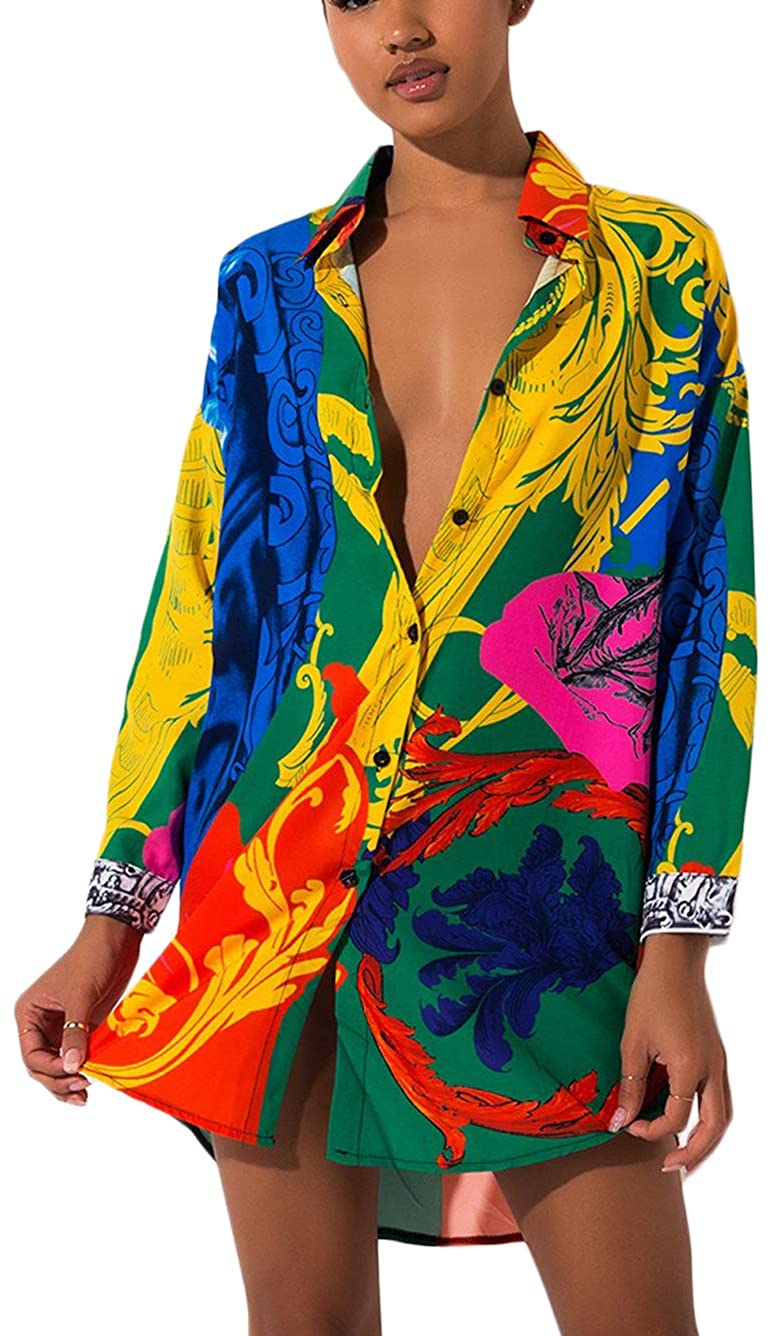 Price:$29.99 Dresses for Women Button Down - Floral Print Long Sleeve Blouse Tops Mini Dress at Amazon Women’s Clothing store