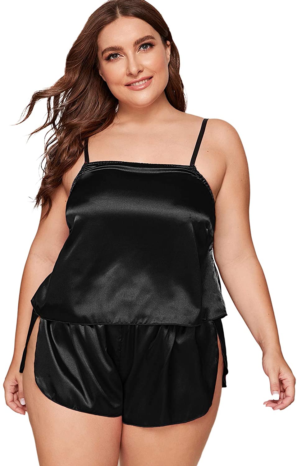 Price:$16.99 Women's Plus Size 2 Piece Satin Cami Top with Shorts Pajama Set at Amazon Women’s Clothing store