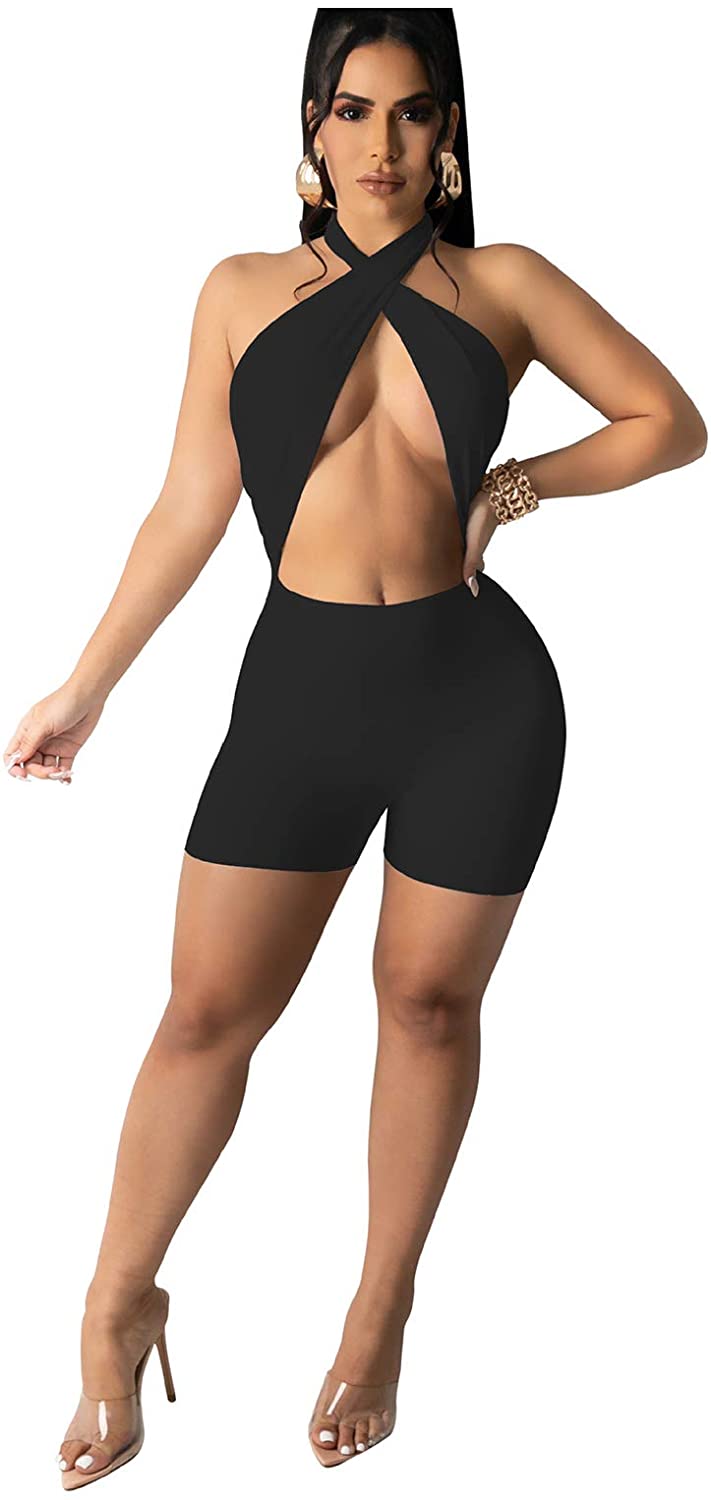 Price:$19.99 Sexy Sleeveless Halter Criss Cross Hollow Out Backless Bodycon Short Pants Jumpsuits Rompers : Clothing, Shoes & Jewelry