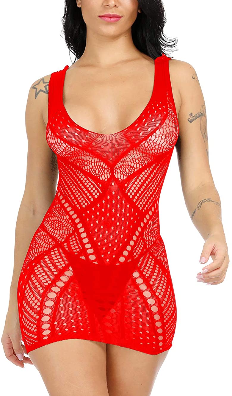 Price:$7.99 Women Sexy Fishnet Lingerie V-Neck Babydoll Bodysuit Strapless Mesh Chemise Mini Dress One Size Red : Clothing, Shoes & Jewelry
